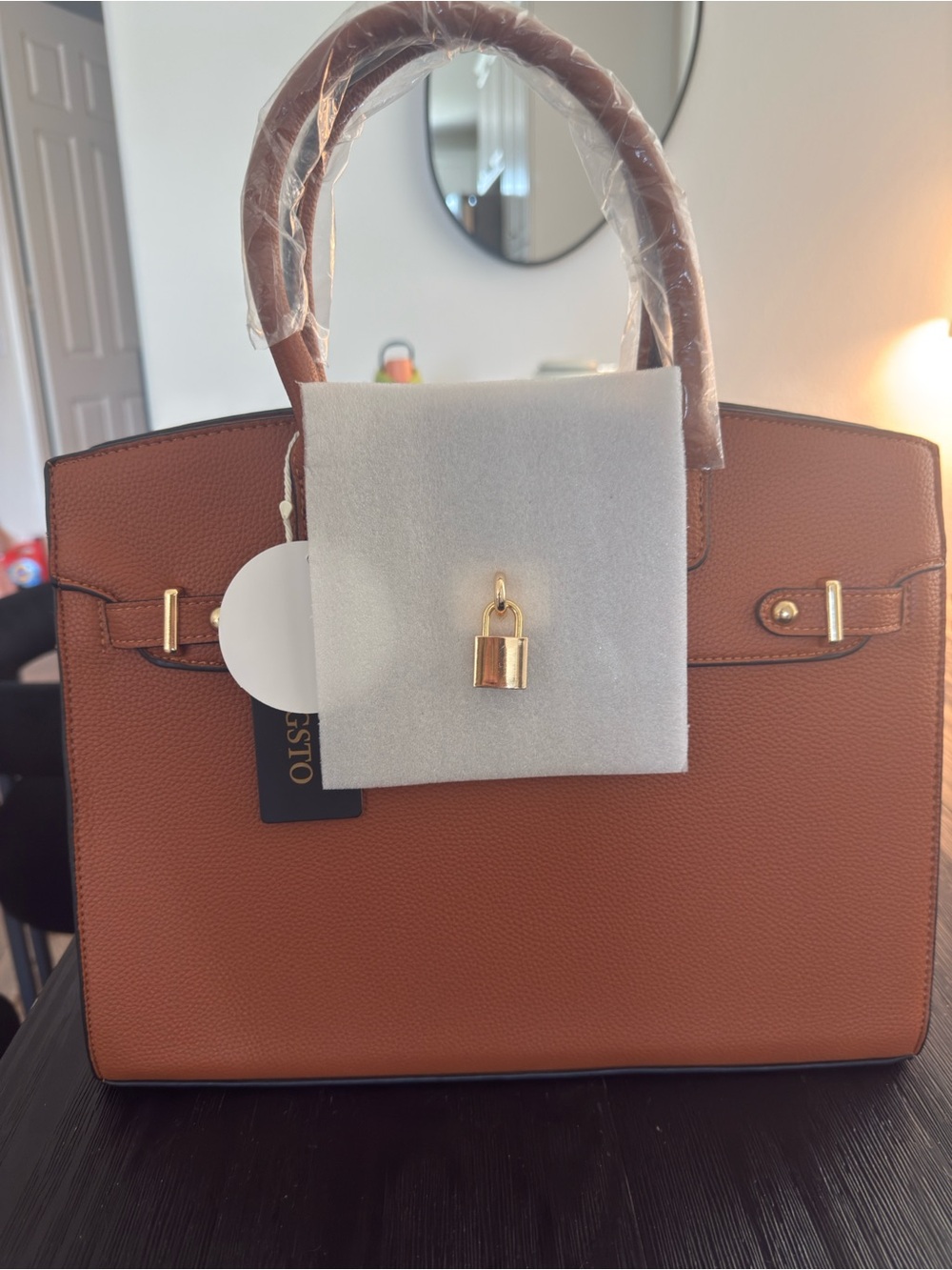 Structured Top-Handle Satchel in Cognac Brown with Gold Lock